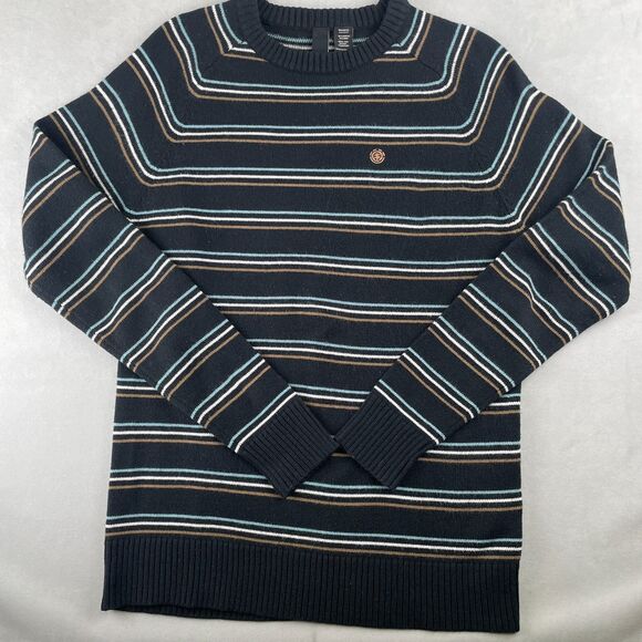 Element Sweater Mens M Black Tan Blue Striped Crewneck Pullover Wool Blend Y2K - Picture 1 of 8